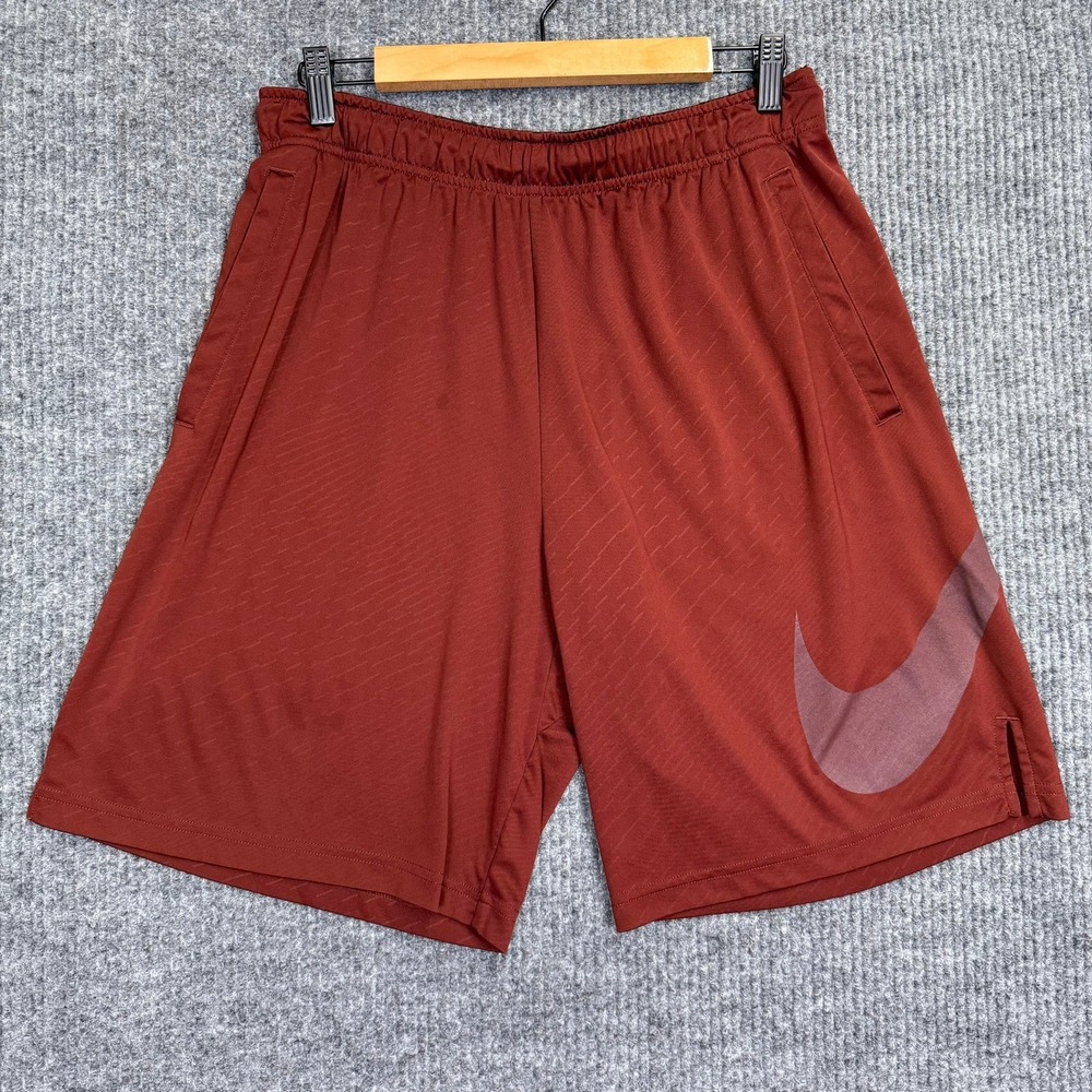 Nike Dri-FIT Mens Athletic Shorts Orange Swoosh Training Gym Size L 1257
